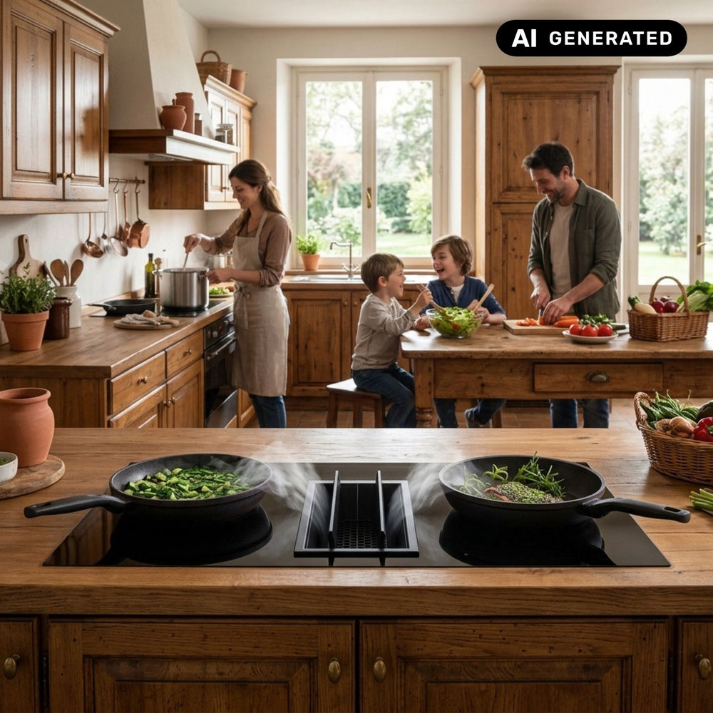 Falmec Quantum Pro Easy Kochfeld mit integriertem Dunstabzug eingelassen in eine holzfarbene Kücheninsel einer warmen Landhausküche mit kochender Familie im Hintergrund.