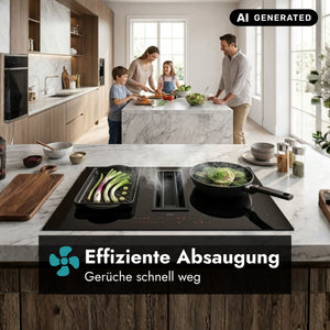 Falmec Quantum Pro Easy Induktionskochfeld mit integriertem Dunstabzug und Textgrafik zur effizienten Absaugung in einer hellen Marmor-Kücheninsel.