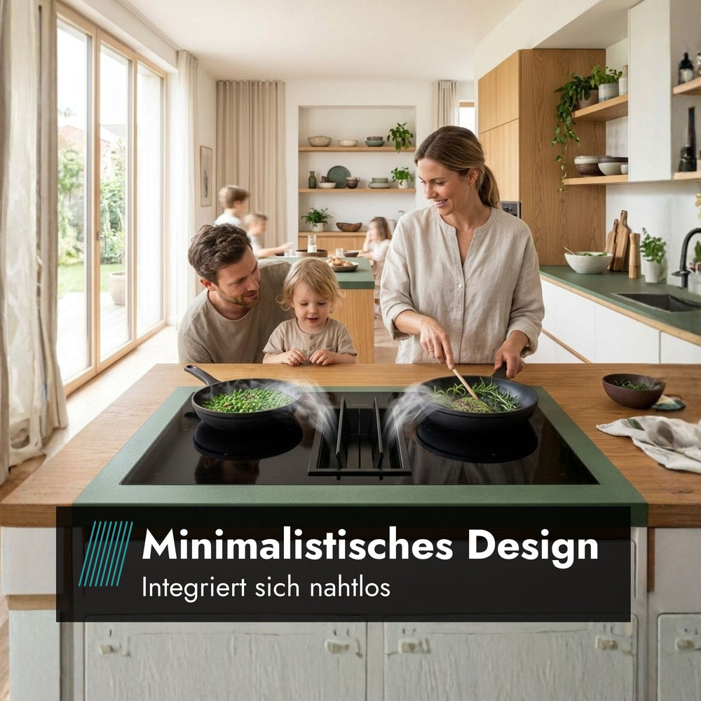 Falmec Quantum Pro Easy Induktionskochfeld mit integriertem Muldenlüfter und Text-Overlay zum minimalistischen Design in einer offenen Wohnküche.