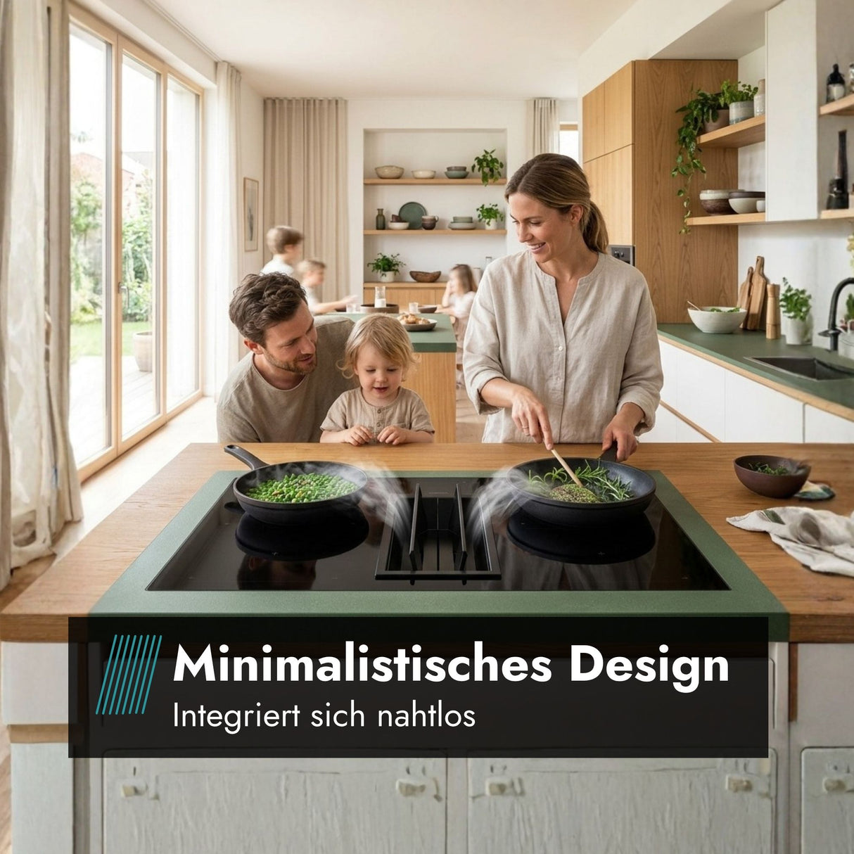 Falmec Quantum Pro Easy Induktionskochfeld mit integriertem Muldenlüfter und Text-Overlay zum minimalistischen Design in einer offenen Wohnküche.