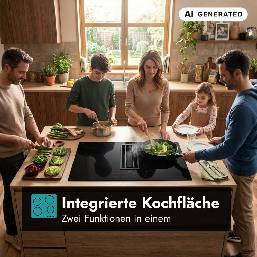 Falmec Quantum Pro Easy Induktionskochfeld mit integriertem Muldenlüfter und Werbegrafik zur kombinierten Kochfläche in einer lebendigen Familienküche.