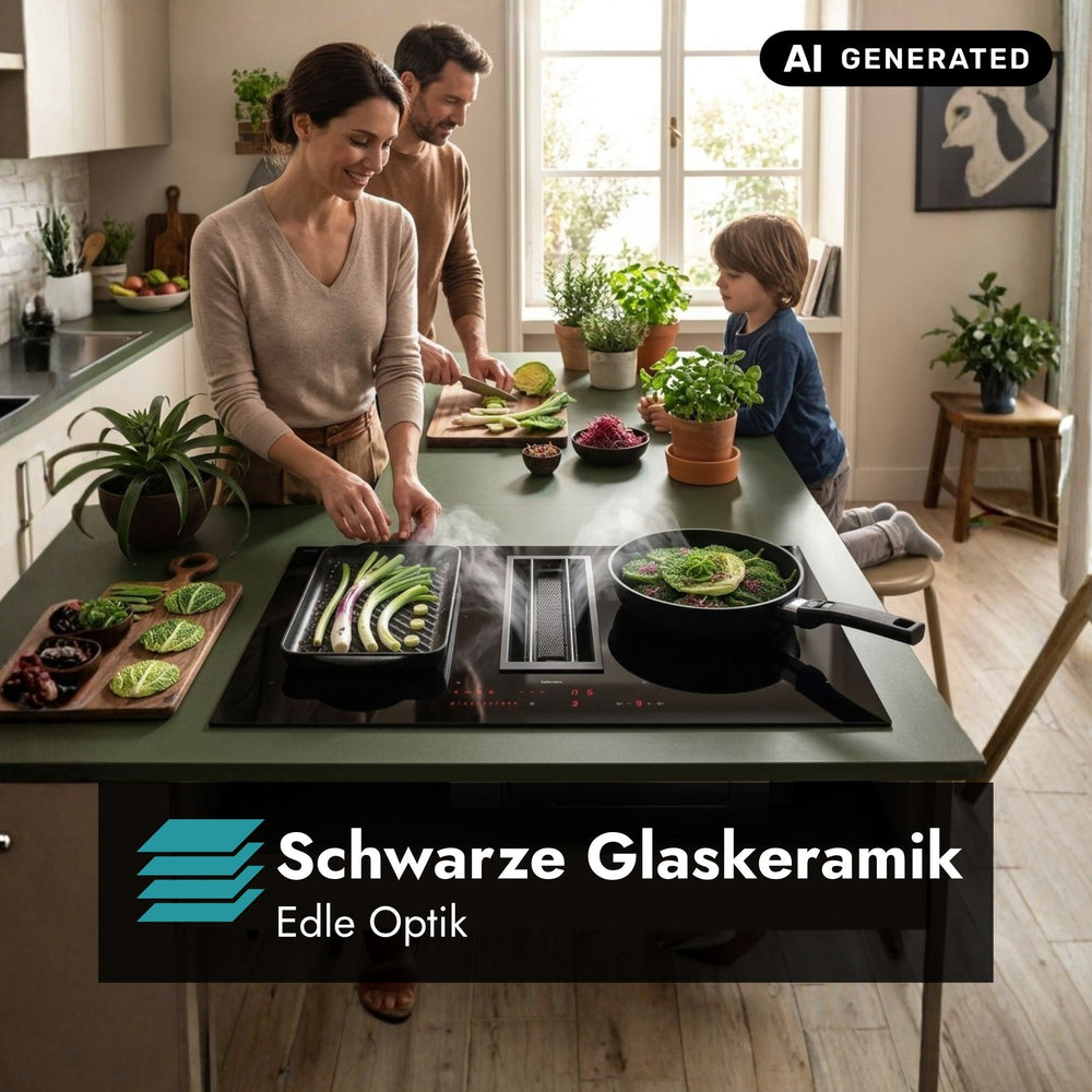 Falmec Quantum Pro Easy Induktionskochfeld aus schwarzer Glaskeramik mit integriertem Muldenlüfter und Werbegrafik zur edlen Optik in einer modernen Küche.