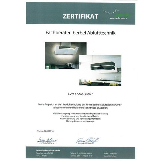 Zertifikat „Fachberater berbel Ablufttechnik“ für André Eichler vom 7. September 2016