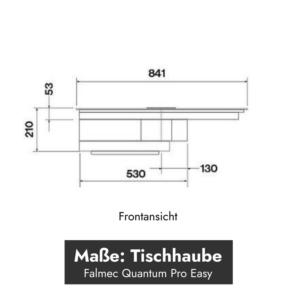 Technische Maßzeichnung der Frontansicht des Falmec Quantum Pro Easy Induktionskochfelds mit integriertem Dunstabzug samt Maßeinblendung.