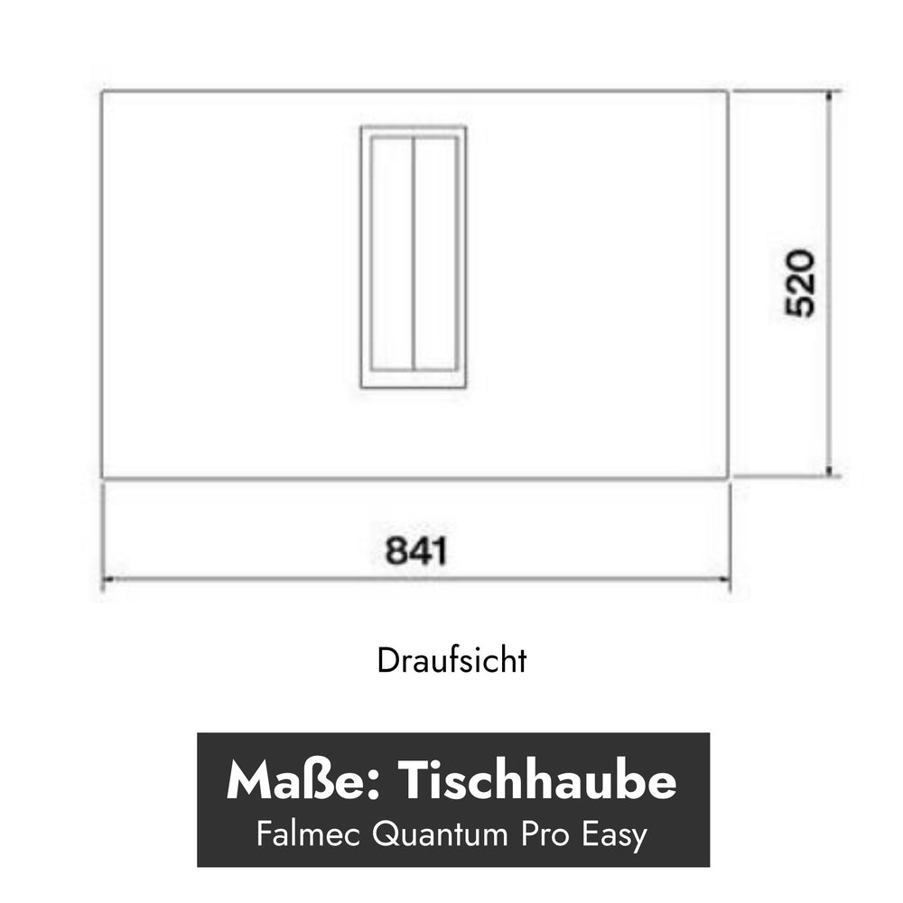 Technische Maßzeichnung der Draufsicht des Falmec Quantum Pro Easy Induktionskochfelds mit integriertem Dunstabzug samt Breiten- und Tiefenangaben.