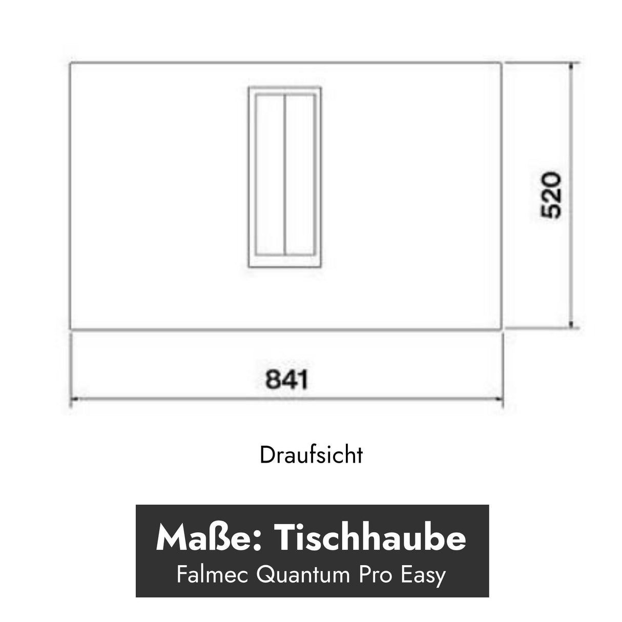 Technische Maßzeichnung der Draufsicht des Falmec Quantum Pro Easy Induktionskochfelds mit integriertem Dunstabzug samt Breiten- und Tiefenangaben.