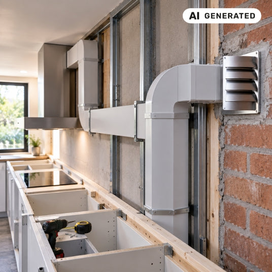 Fachgerechte Installation von Abluftkanälen und Rohrsystemen in einer Küche zur optimalen Absaugung für Falmec Dunstabzugshauben.