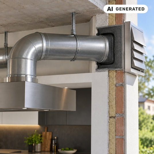 Professionelle Installation eines Edelstahl-Abluftrohrs mit Bogen und Mauerkasten für Berbel Dunstabzugshauben zur Gewährleistung eines optimalen Luftstroms.