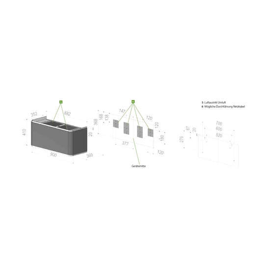 Technische Maßzeichnung der Berbel Curveline BWH CU mit Abmessungen, Luftaustritt Umluft und möglicher Durchführung für das Netzkabel.