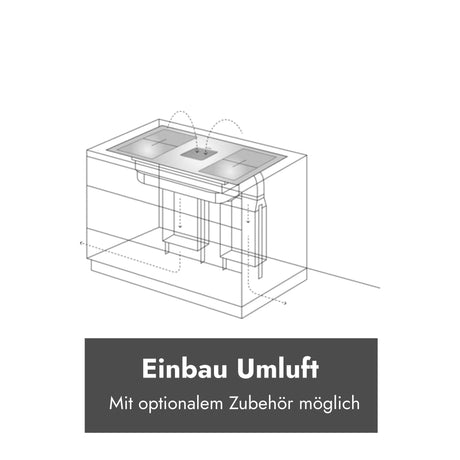 Technische Einbauskizze der Berbel Downline Advance mit integriertem Kochfeldabzug und Umluftführung im Unterschrank, mit optionalem Zubehör.