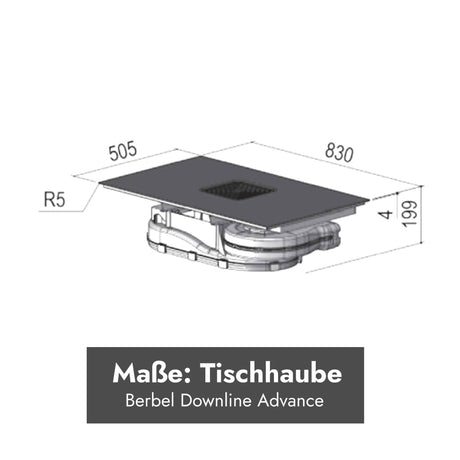 Technische Maßzeichnung der Berbel Downline Advance Tischhaube mit 830 mm Breite, 505 mm Tiefe und 199 mm Einbauhöhe.
