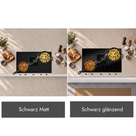 Vergleich der Berbel Downline Advance mit integriertem Kochfeldabzug in den Ausführungen Schwarz matt und Schwarz glänzend beim Kochen.