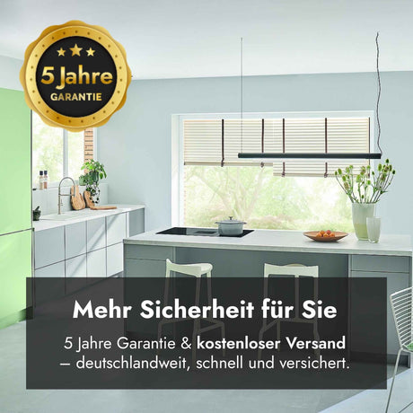Berbel Downline Advance Kochfeld mit integriertem Abzug in moderner Küche, mit Hinweis auf 5 Jahre Garantie und kostenlosen deutschlandweiten Versand.