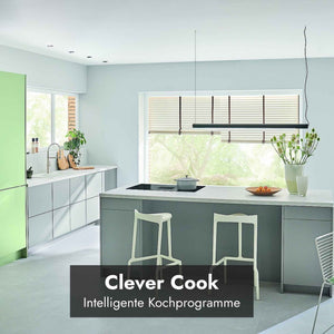 Berbel Downline Advance Kochfeld mit integriertem Abzug in moderner Küche, mit Hinweis auf Clever Cook und intelligente Kochprogramme.