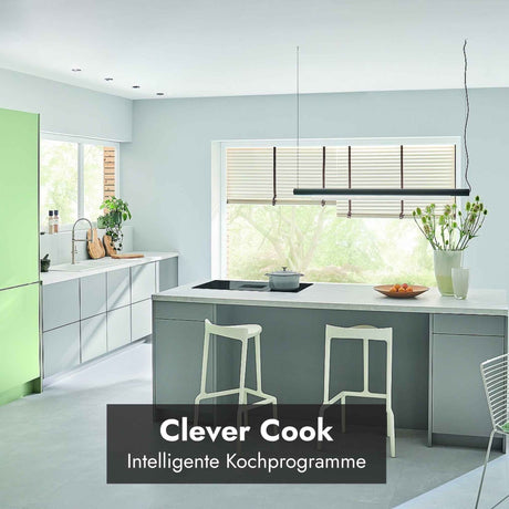 Berbel Downline Advance Kochfeld mit integriertem Abzug in moderner Küche, mit Hinweis auf Clever Cook und intelligente Kochprogramme.