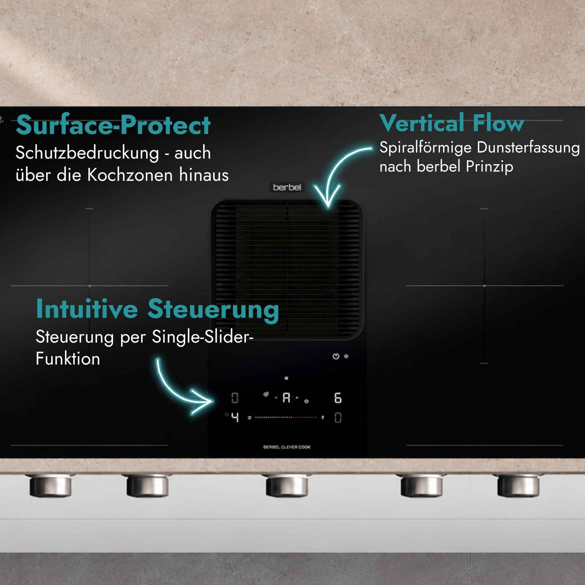 Berbel Downline Advance Kochfeld mit integriertem Abzug und Hinweisen auf Surface Protect, Vertical Flow zur Dunsterfassung sowie intuitive Single-Slider-Steuerung.