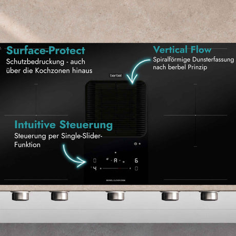 Berbel Downline Advance Kochfeld mit integriertem Abzug und Hinweisen auf Surface Protect, Vertical Flow zur Dunsterfassung sowie intuitive Single-Slider-Steuerung.