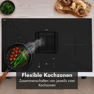 Berbel Downline Advance Kochfeld mit integriertem Abzug und flexiblen Kochzonen, bei denen jeweils zwei Kochzonen zusammengeschaltet werden können.