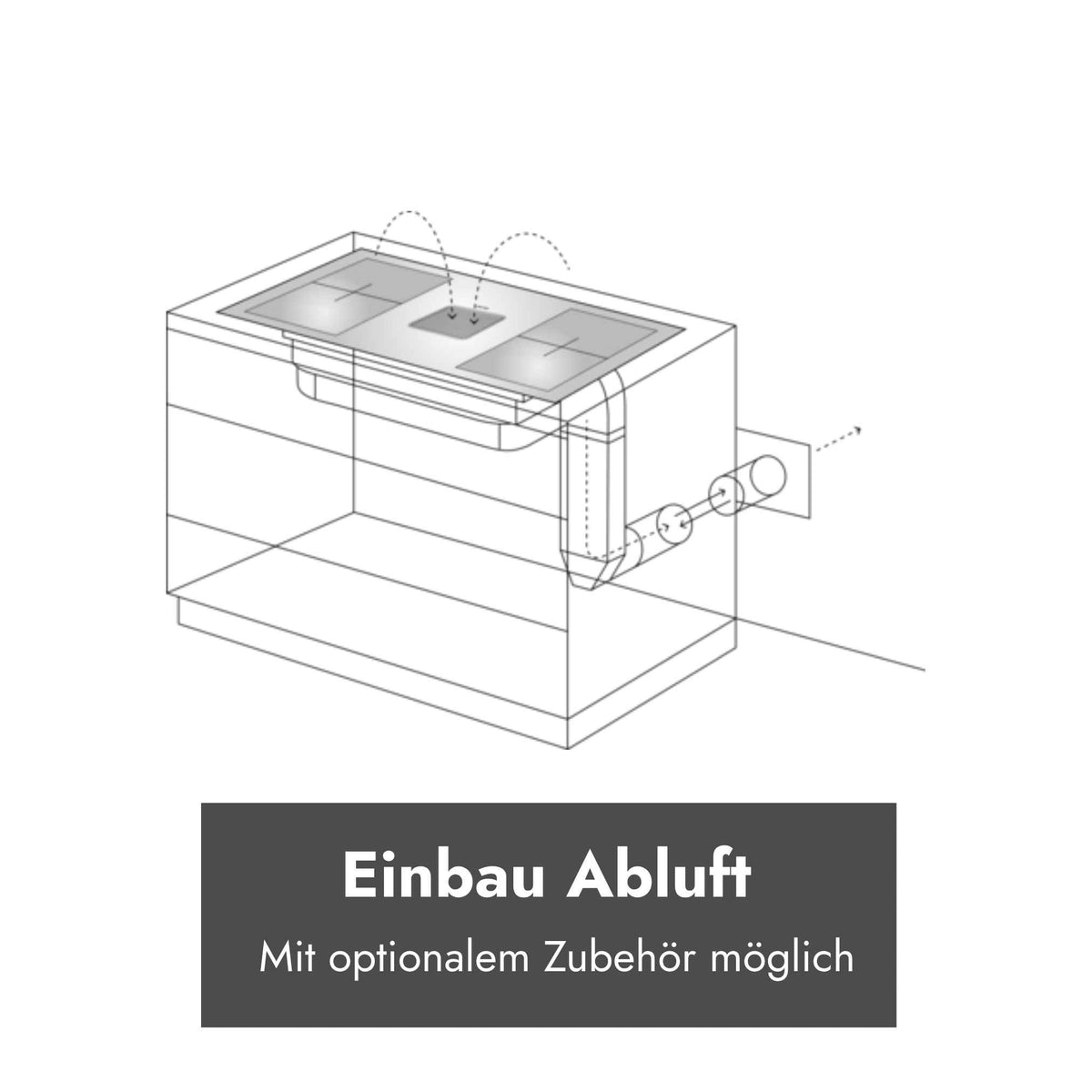 Technische Einbauskizze des Berbel Downline Kochfelds mit integriertem Abzug und Abluftführung durch den Unterschrank, mit optionalem Zubehör.