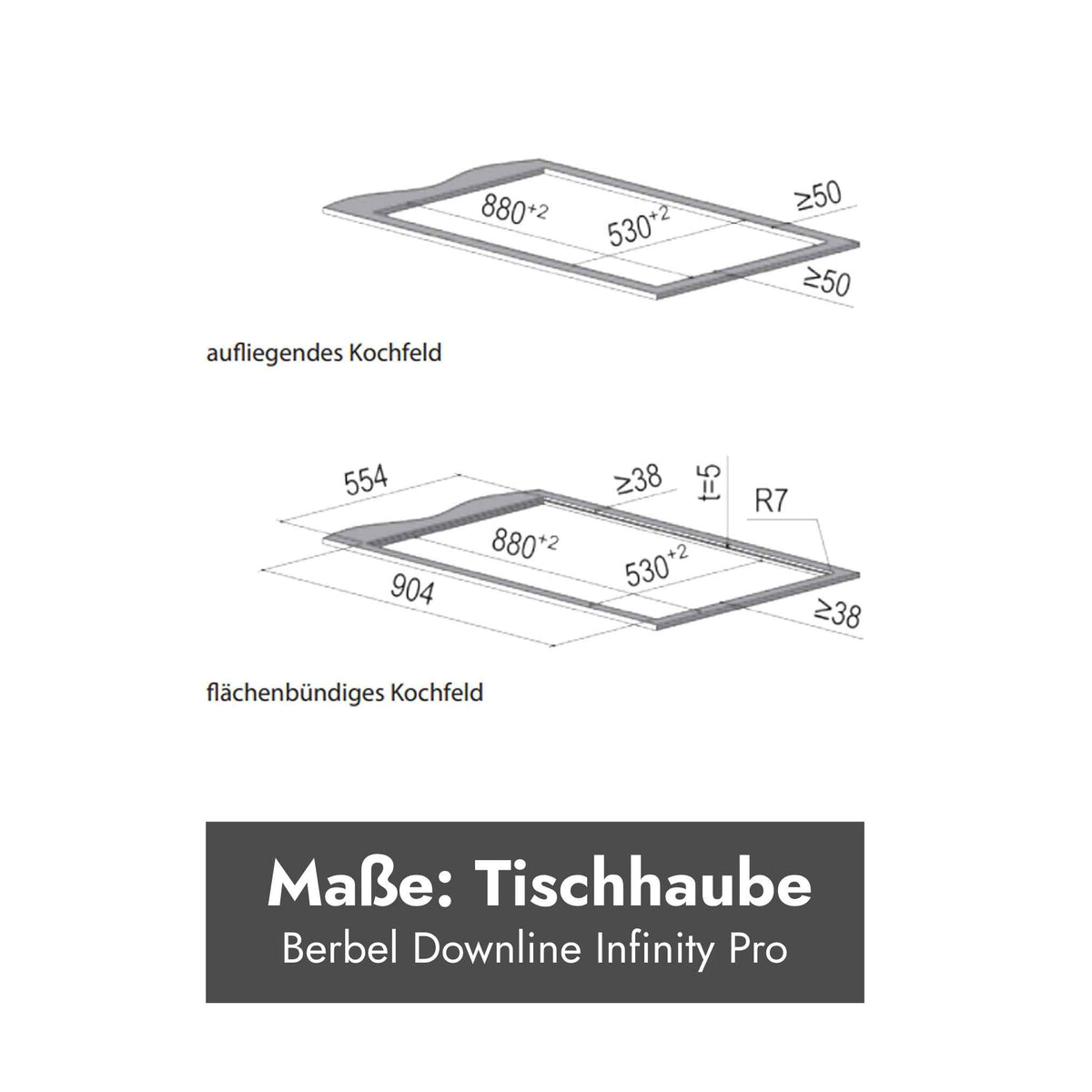 Technische Zeichnung der Einbaumaße für die Berbel Downline Infinity Pro mit Angaben für aufliegende und flächenbündige Montage des Kochfelds.