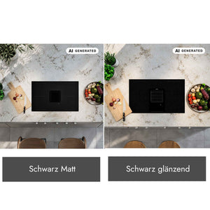 Vergleich des Berbel Downline Kochfelds mit integriertem Abzug in den Ausführungen Schwarz matt und Schwarz glänzend, jeweils als Draufsicht in einer Küchenarbeitsplatte