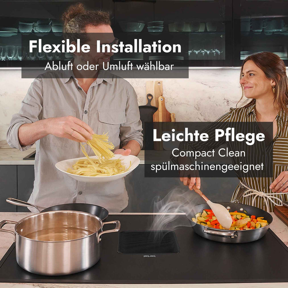 Berbel Downline Kochfeld mit integriertem Abzug beim Kochen, mit Hinweis auf flexible Installation als Abluft oder Umluft sowie spülmaschinengeeignete Compact-Clean-Komponenten.