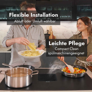 Berbel Downline Kochfeld mit integriertem Abzug beim Kochen, mit Hinweis auf flexible Installation als Abluft oder Umluft sowie spülmaschinengeeignete Compact-Clean-Komponenten.