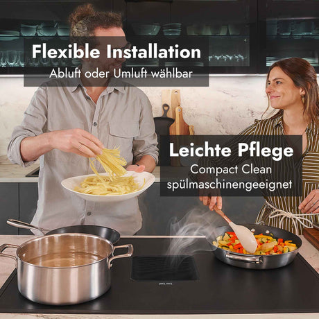 Berbel Downline Kochfeld mit integriertem Abzug beim Kochen, mit Hinweis auf flexible Installation als Abluft oder Umluft sowie spülmaschinengeeignete Compact-Clean-Komponenten.