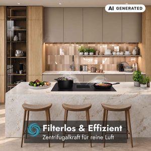 Berbel Downline Kochfeld mit integriertem Abzug in moderner Küche, dargestellt mit aufsteigendem Kochdunst und Hinweis auf filterlose Luftreinigung durch Zentrifugalkraft.