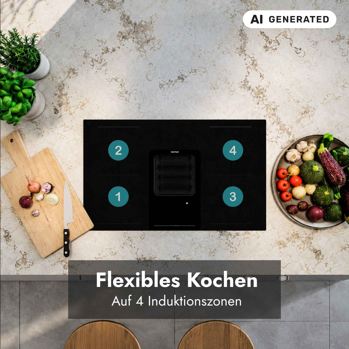 Draufsicht auf ein Berbel Downline Induktionskochfeld mit integriertem Kochfeldabzug und vier gekennzeichneten Induktionszonen für flexibles Kochen.