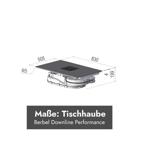 Technische Maßzeichnung der Berbel Downline Performance mit 830 mm Breite, 505 mm Tiefe und 199 mm Einbauhöhe.