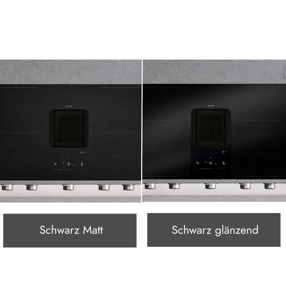 Vergleich der Berbel Downline Performance mit integriertem Kochfeldabzug in den Ausführungen Schwarz matt und Schwarz glänzend.