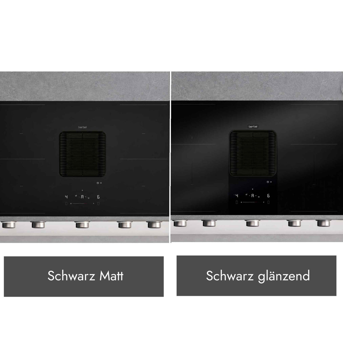 Vergleich der Berbel Downline Performance mit integriertem Kochfeldabzug in den Ausführungen Schwarz matt und Schwarz glänzend.