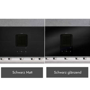 Vergleich der Berbel Downline Performance mit integriertem Kochfeldabzug in den Ausführungen Schwarz matt und Schwarz glänzend.