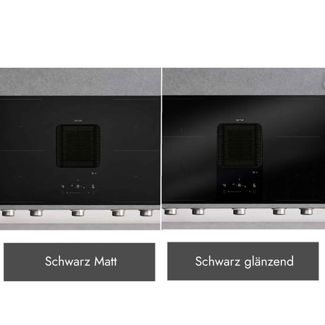 Vergleich der Berbel Downline Performance mit integriertem Kochfeldabzug in den Ausführungen Schwarz matt und Schwarz glänzend.