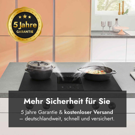 Berbel Downline Performance Kochfeld mit integriertem Abzug in moderner Küche, mit Hinweis auf 5 Jahre Garantie und kostenlosen deutschlandweiten Versand.