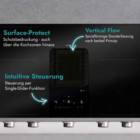 Berbel Downline Performance Kochfeld mit integriertem Abzug und Hinweisen auf Surface Protect, Vertical Flow zur spiralförmigen Dunsterfassung sowie intuitive Single-Slider-Steuerung.