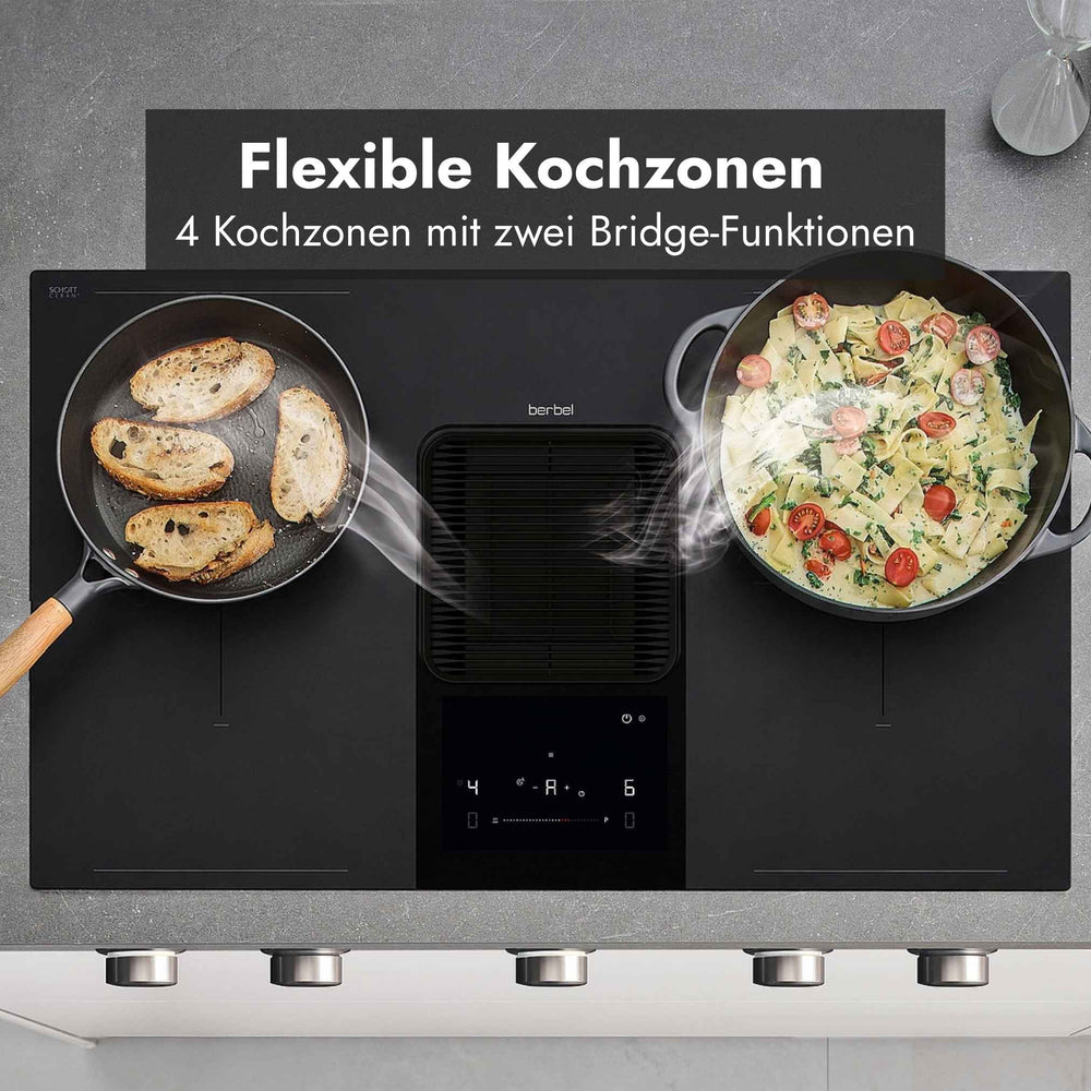 Berbel Downline Performance Kochfeld mit integriertem Abzug, vier Kochzonen und zwei Bridge-Funktionen für flexibel nutzbare Kochflächen.