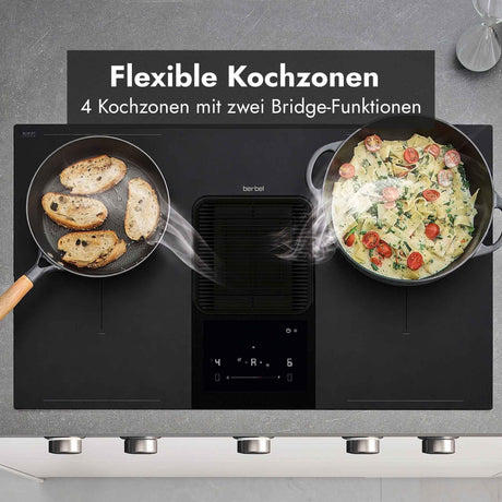 Berbel Downline Performance Kochfeld mit integriertem Abzug, vier Kochzonen und zwei Bridge-Funktionen für flexibel nutzbare Kochflächen.