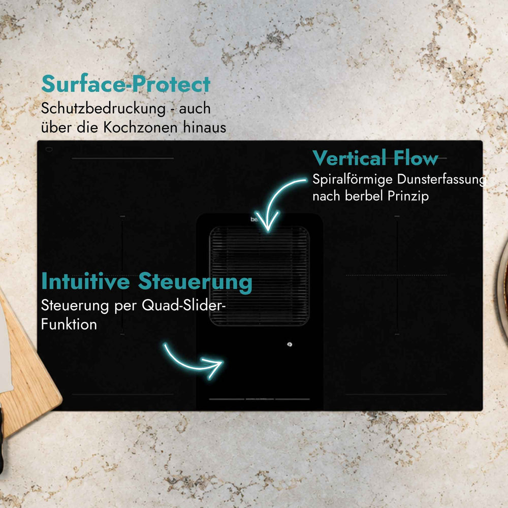 Berbel Downline Kochfeld mit integriertem Abzug und Hinweisen auf Surface Protect, Vertical Flow zur Dunsterfassung und intuitive Quad-Slider-Steuerung.