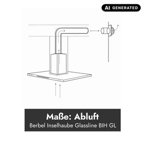 Technische Darstellung der Abluftführung bei der Berbel Inselhaube Glassline BIH GL mit Luftkanal und Wanddurchführung.