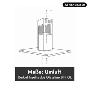 Technische Darstellung der Berbel Inselhaube Glassline BIH GL im Umluftbetrieb mit Luftführung durch den Haubenschacht und Rückführung der gereinigten Luft in den Raum.