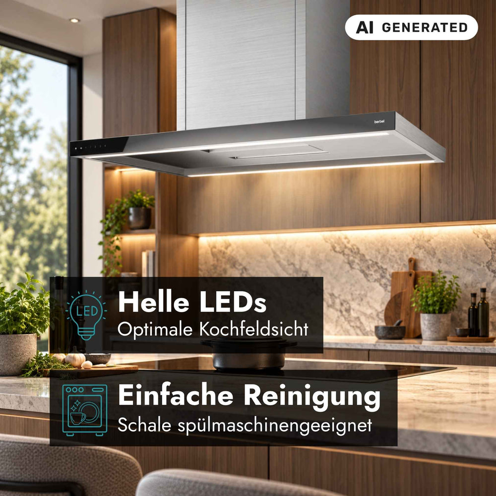Berbel Inselhaube Glassline BIH GL in moderner Küche mit heller LED-Kochfeldbeleuchtung und Hinweis auf die spülmaschinengeeignete Auffangschale zur einfachen Reinigung.