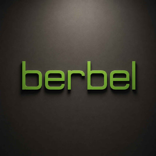Grünes Berbel Markenlogo auf dunklem Hintergrund.