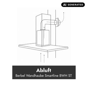 Technische Darstellung der Berbel Smartline BWH ST Wandhaube im Abluftbetrieb mit Luftführung durch den Schacht und Wanddurchführung.