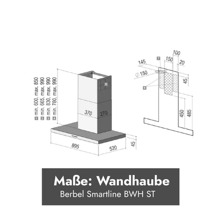 Technische Maßzeichnung der Berbel Smartline BWH ST Wandhaube mit 895 × 520 mm Haubenkörper, Schachtmaßen und Abluftanschluss Ø 150 mm.