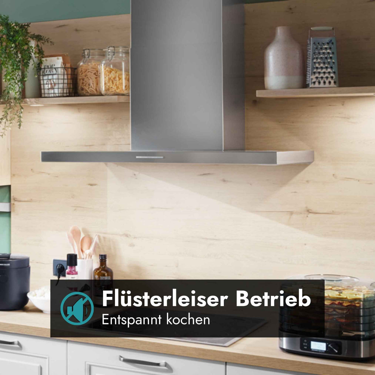 Berbel Smartline BWH ST Wandhaube aus Edelstahl mit Hinweis auf den flüsterleisen Betrieb für entspanntes Kochen.