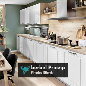 Berbel Smartline BWH ST Wandhaube in moderner Küche mit Hinweis auf das Berbel Prinzip und die effektive filterlose Fettabscheidung.