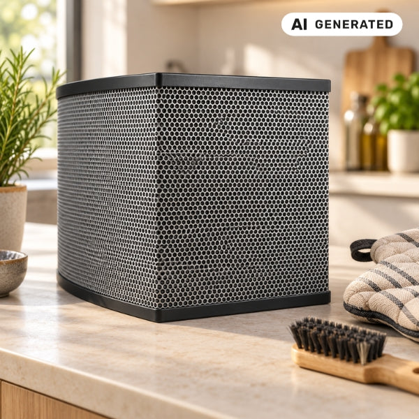 Ein modularer Aktivkohlefilter von Berbel mit feiner Lochstruktur steht auf einer Küchenarbeitsfläche bereit zur Installation im Umluftsystem.