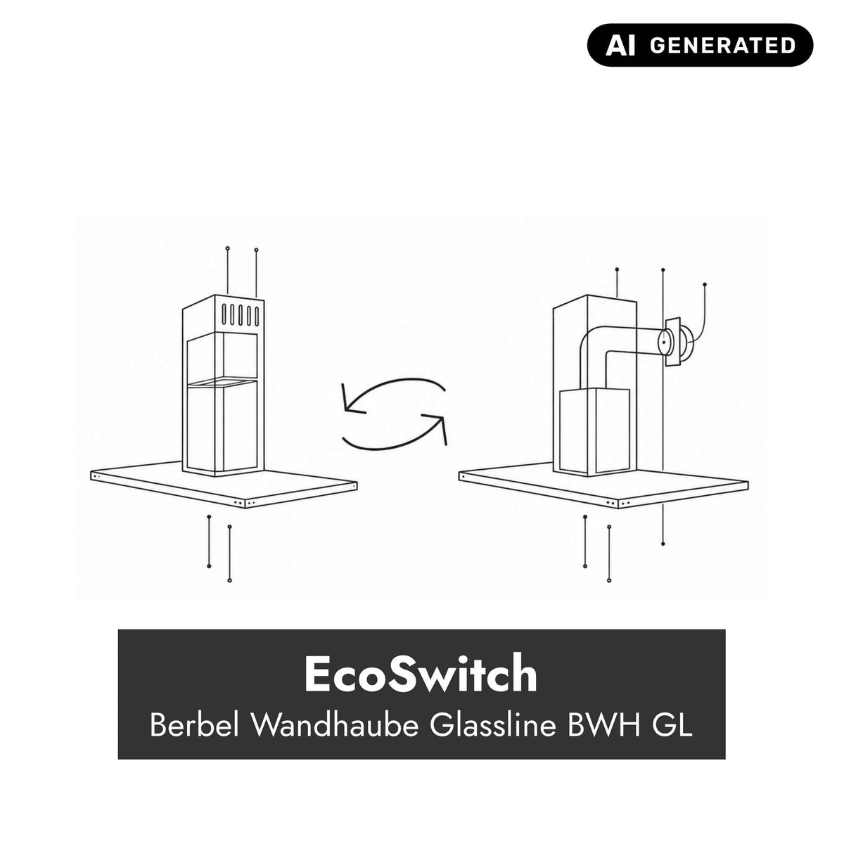 Technische Darstellung der EcoSwitch-Funktion bei der Berbel Wandhaube Glassline BWH GL für den Wechsel zwischen Abluft- und Umluftbetrieb.